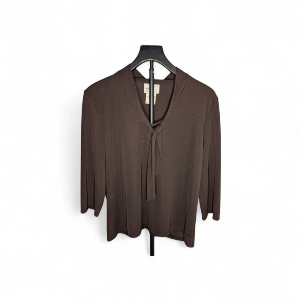 Kathie Lee Collection Dark Brown Tie-Front Blouse - Size Large - Elegant & Chic